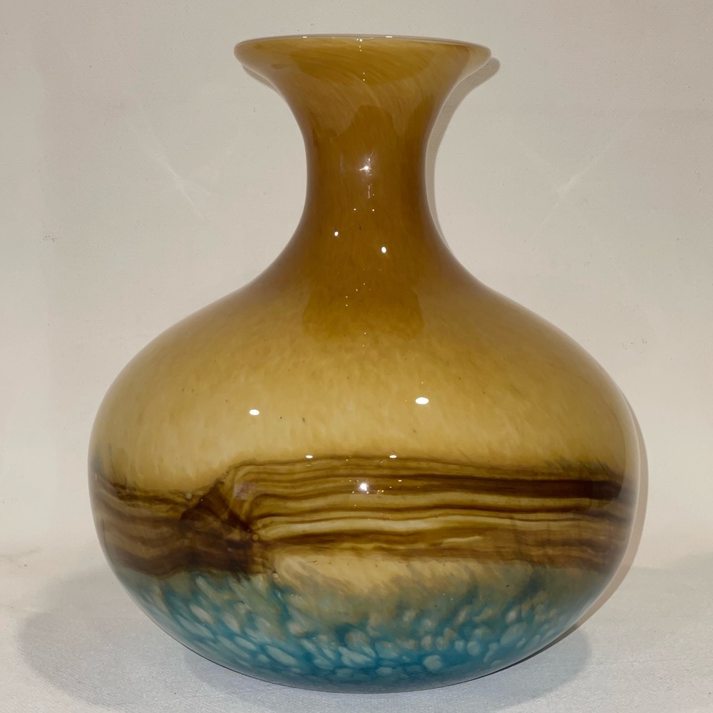 Large Art Glass Vase Aqua Blue Turquoise White Tan Brown Banding Blown Glass